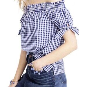 JCrew Blue & White Gingham Off Shoulder Short Sleeve blouse w/ bow detail sz 00P